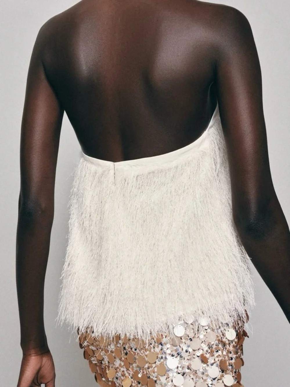 ZARA Ecru Metallic Thread Feather Halter Top -Size L - NEW